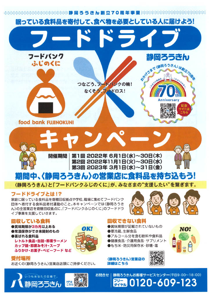 静岡ろうきん創立70周年事業「フードドライブキャンペーン」を本部ビル・各営業店で実施します！